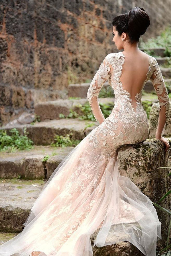 Mermaid Long Sleeves Ivory Lace Wedding Dresses Modern Sheer Tulle See Through Back Evening Dresses Ballbella Mermaid Long Sleeves Ivory Lace Wedding Dresses Modern Sheer Tulle See Through Back Evening Dresses Ballbella