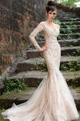 Mermaid Long Sleeves Ivory Lace Wedding Dresses Modern Sheer Tulle See Through Back Evening Dresses-Ballbella
