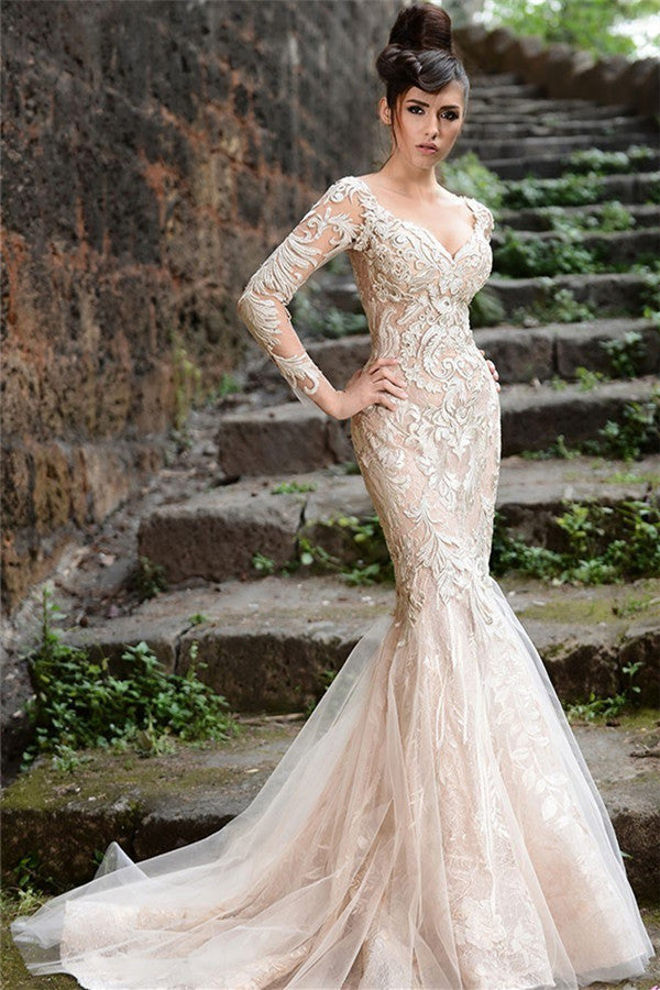 Mermaid Long Sleeves Ivory Lace Wedding Dresses Modern Sheer Tulle See Through Back Evening Dresses-Ballbella