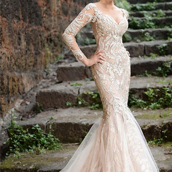 Mermaid Long Sleeves Ivory Lace Wedding Dresses Modern Sheer Tulle See Through Back Evening Dresses