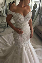 Mermaid Off-the-shoulder Floor Length Applique Beading Wedding Dress-Ballbella