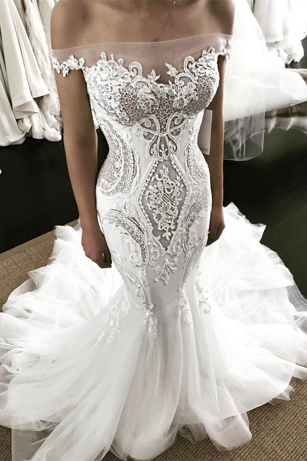Mermaid Off-the-shoulder Floor Length Sleeveless Tulle Applique Wedding Dress-Ballbella