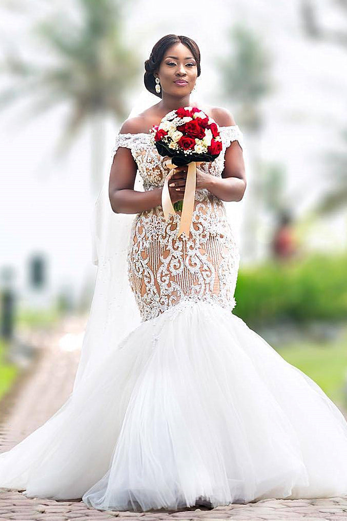 Mermaid Off-the-shoulder Floor Length Tulle Applique Wedding Dress-Ballbella