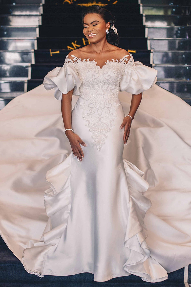 Mermaid Off-the-shoulder Long Train Charmeuse Applique Wedding Dress-Ballbella