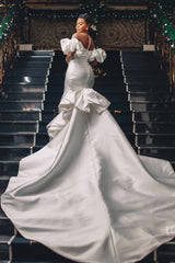 Mermaid Off-the-shoulder Long Train Charmeuse Applique Wedding Dress-Ballbella