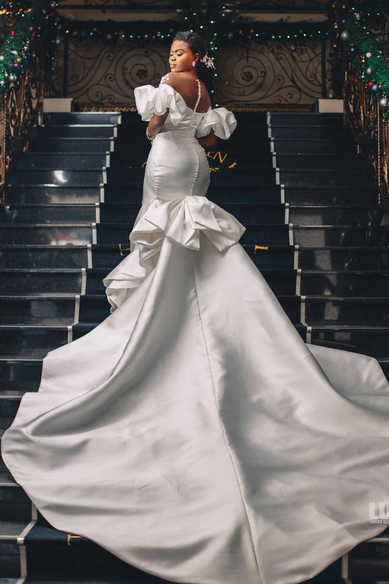 Mermaid Off-the-shoulder Long Train Charmeuse Applique Wedding Dress-Ballbella