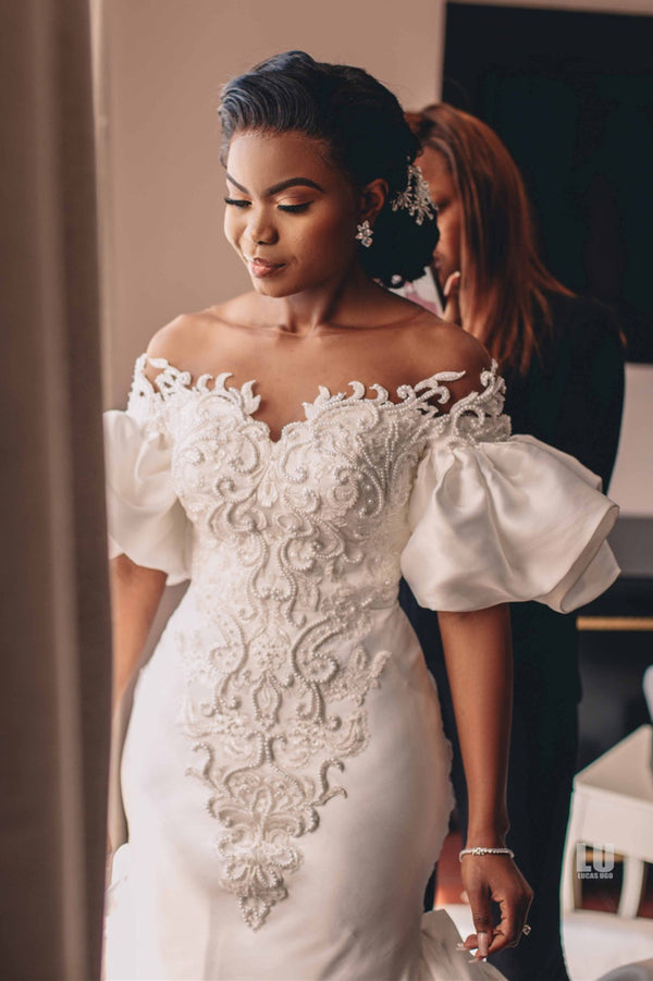 Mermaid Off-the-shoulder Long Train Charmeuse Applique Wedding Dress-Ballbella