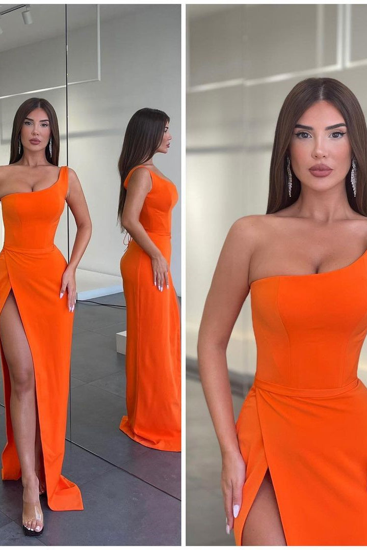 Mermaid One Shoulder Floor-length Sleeveless Open Back High Split Elegant Prom Dress-Ballbella