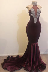 Mermaid Open Back Chic High Neck Silver Beads Appliques Prom Party Gowns-Ballbella