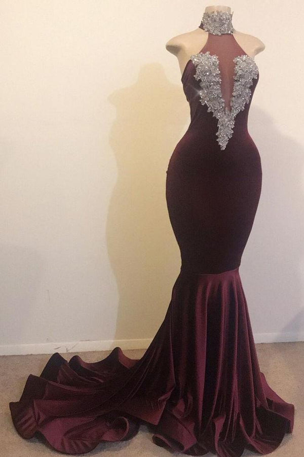 Mermaid Open Back Chic High Neck Silver Beads Appliques Prom Party Gowns-Ballbella