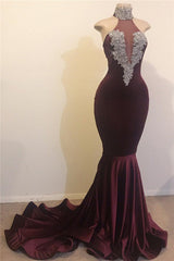 Mermaid Open Back Chic High Neck Silver Beads Appliques Prom Party Gowns-Ballbella