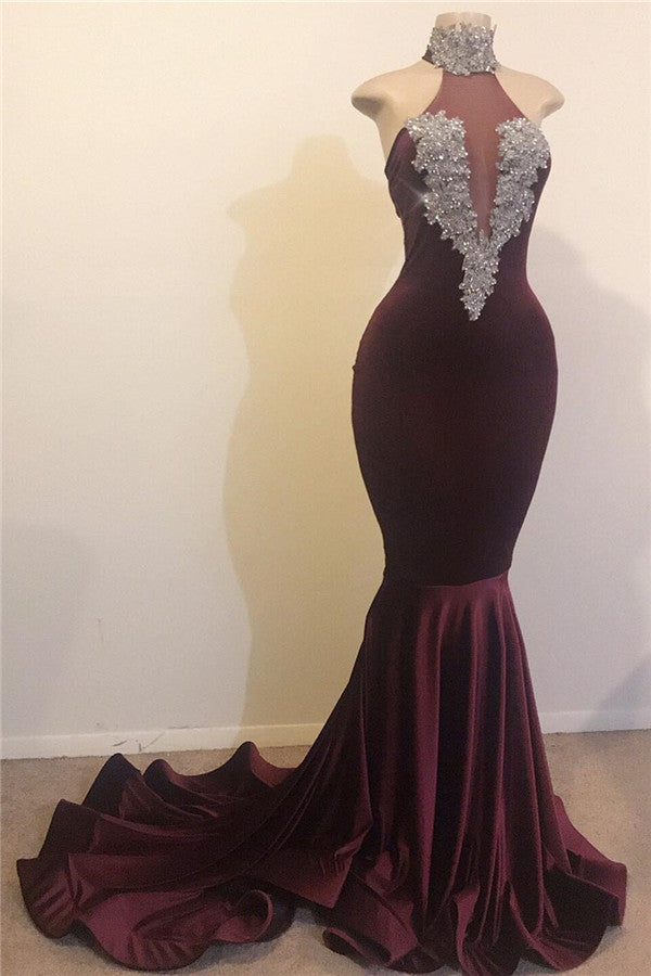 Mermaid Open Back Chic High Neck Silver Beads Appliques Prom Party Gowns-Ballbella
