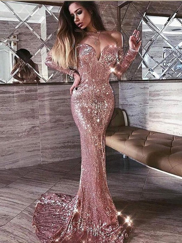 Mermaid Pink Shiny Sequined Strapless Off-the-Shoulder Long Sleevess Prom Dress. Free shipping,  high quality,  fast delivery,  made to order dress. Discount price. Affordable price. Ballbella Official.