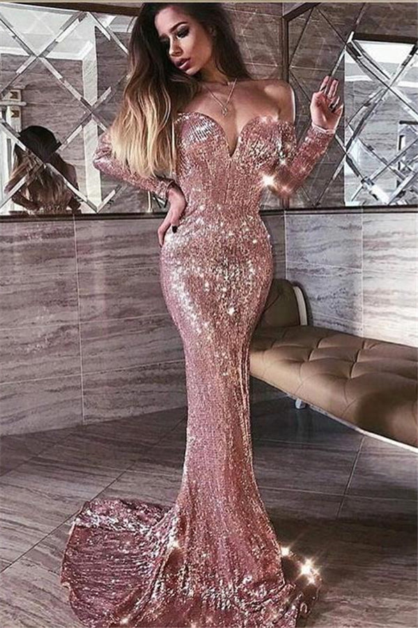 Mermaid Pink Shiny Sequined Strapless Off-the-Shoulder Long Sleevess Prom Party Gowns-Ballbella
