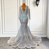 Mermaid Prom Dress with Deep V-Neck Long Sleeves Beadings-Ballbella