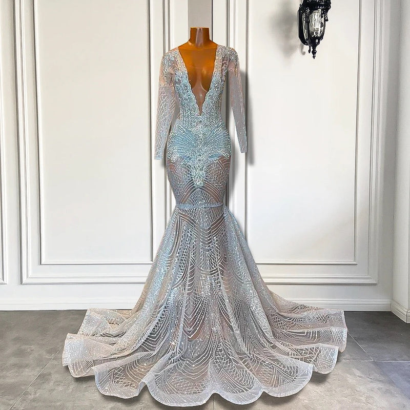 Mermaid Prom Dress with Deep V-Neck Long Sleeves Beadings-Ballbella