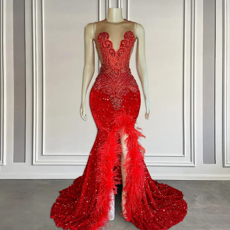 feather dress prom Mermaid Prom Dress with Sequins Sleeveless Split Beadings and Feather Embellishments
