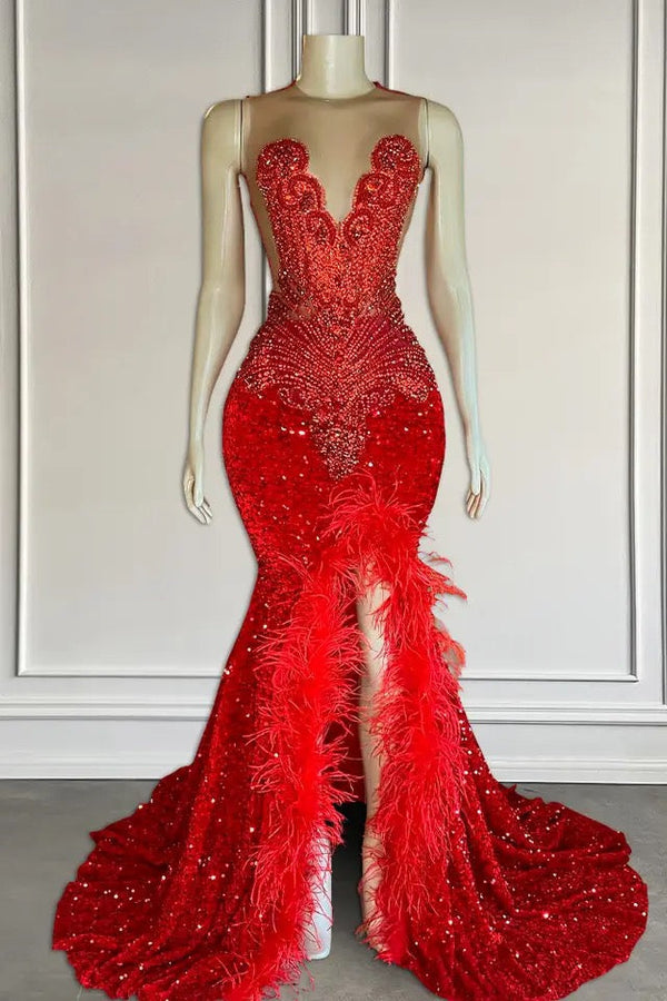 Cutout Mermaid Prom Dress With Long Sleeves & Feather Sheer Details - V-Neck Sequin Formal Gown DR0185