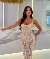 Mermaid Prom Dress with Spaghetti Straps and Sleeveless Design adorned with Beadings and Pearls-Ballbella