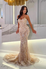 Mermaid Prom Dress with Spaghetti Straps and Sleeveless Design adorned with Beadings and Pearls-Ballbella