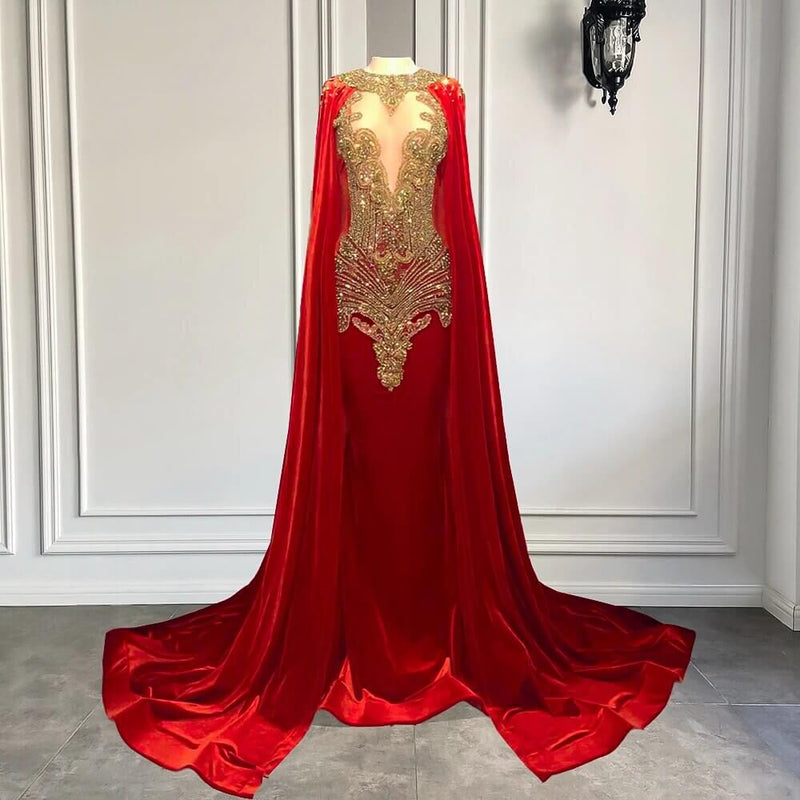 Mermaid Prom Dresses with Red Scoop Neckline and Beadings Cape-Ballbella