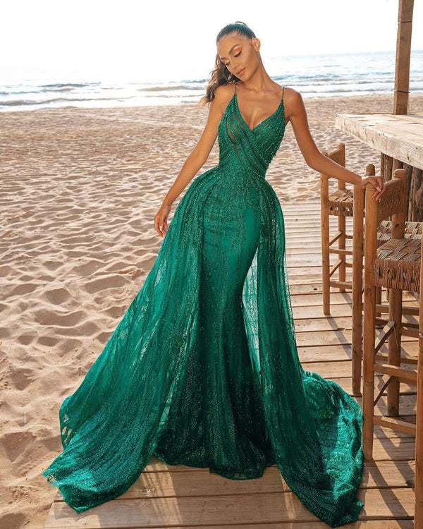 Looking for Prom Dresses, Evening Dresses in Satin,  Mermaid style,  and Gorgeous Beading, Appliques work? Ballbella has all covered on this elegant Mermaid Prom Party Dress V-Neck Sequined Evening Gowns Sweep/Trumpet Train.