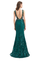 Mermaid Round Beaded Sleeveless Lace Sequined Floor-length Open Back Prom Dress-Ballbella