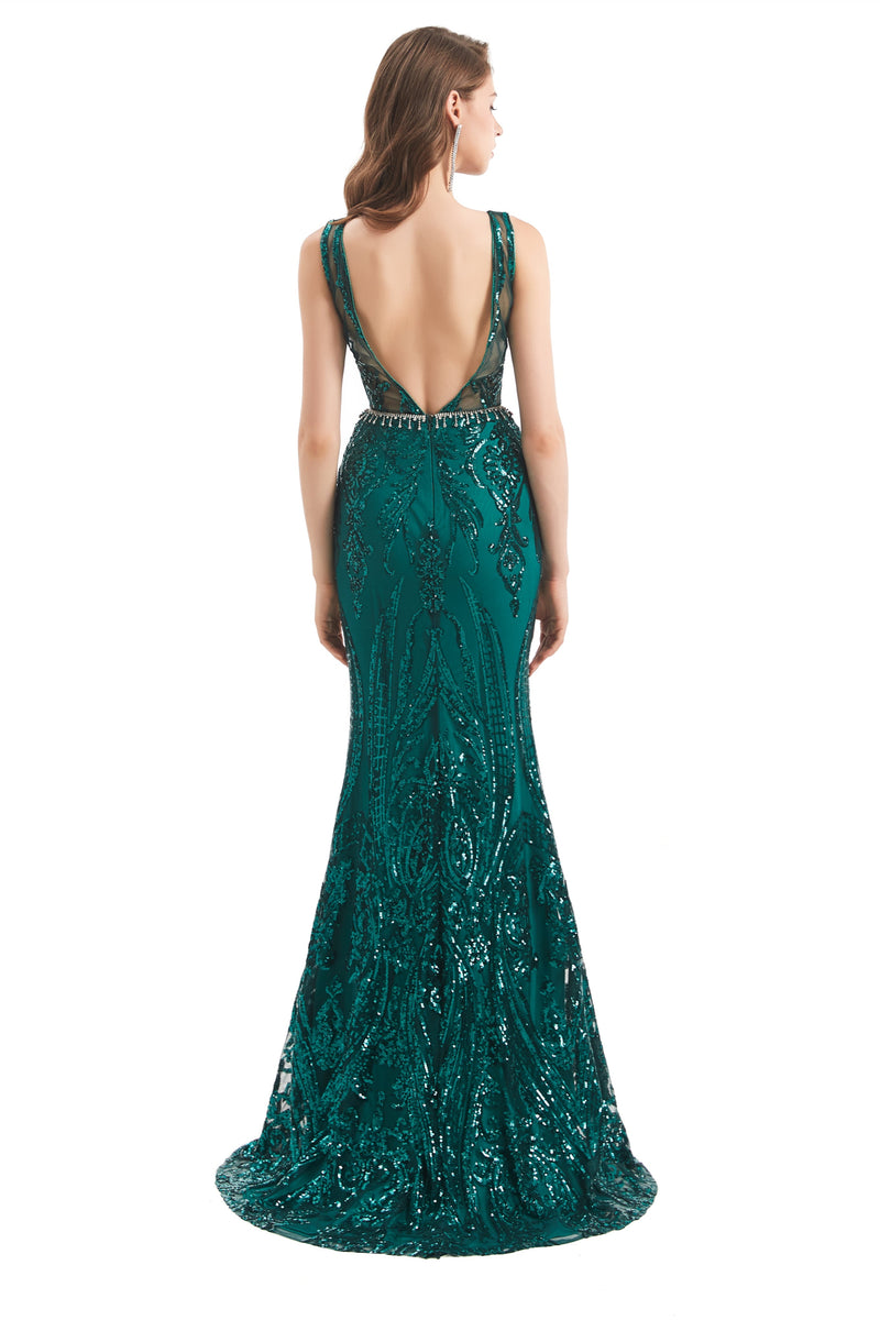 Mermaid Round Beaded Sleeveless Lace Sequined Floor-length Open Back Prom Dress-Ballbella