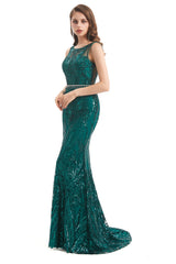 Mermaid Round Beaded Sleeveless Lace Sequined Floor-length Open Back Prom Dress-Ballbella