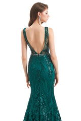 Mermaid Round Beaded Sleeveless Lace Sequined Floor-length Open Back Prom Dress-Ballbella