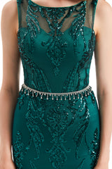 Mermaid Round Beaded Sleeveless Lace Sequined Floor-length Open Back Prom Dress-Ballbella