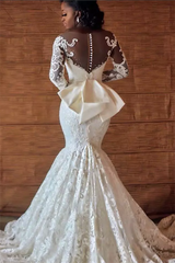 Mermaid Round Collar Long Sleeves Backless Floor Length Charmeuse Applique Wedding Dress-Ballbella