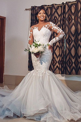 Mermaid Round Collar Long Sleeves Long Train Tulle Applique Wedding Dress-Ballbella