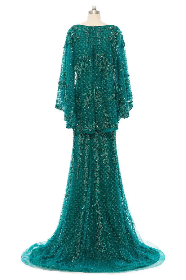 Mermaid Round Floor-length Long Sleeve Sequined Beading Gorgeous Prom Dresses-Ballbella