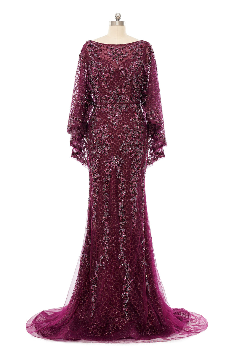 Mermaid Round Floor-length Long Sleeve Sequined Beading Gorgeous Prom Dresses-Ballbella