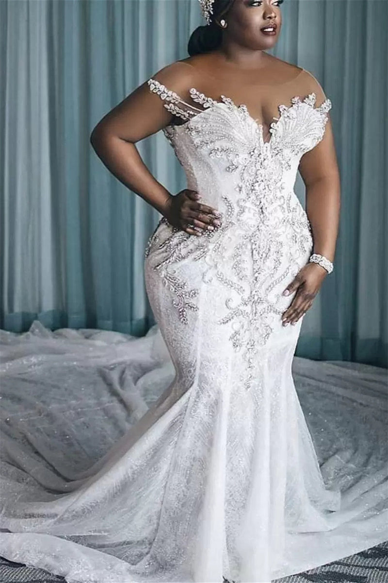 Mermaid Round Lace Applique Short Sleeve Floor-length Beaded Wedding Dress-Ballbella