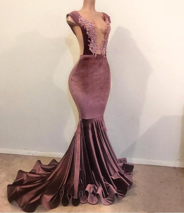 Ballbella offers Mermaid Sleeveless Floor Length Appliques Velvet Prom Dresses at a cheap price from Mermaid hem.. Check our Gorgeous yet affordable real model series,  all in latest design with delicate details.