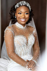 Mermaid Small Round Collar Floor Length Charmeuse Tulle Beaded Wedding Dress-Ballbella