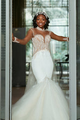 Mermaid Small Round Collar Floor Length Charmeuse Tulle Beaded Wedding Dress-Ballbella
