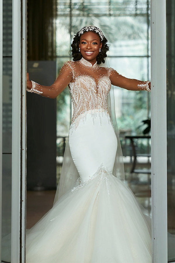Mermaid Small Round Collar Floor Length Charmeuse Tulle Beaded Wedding Dress-Ballbella