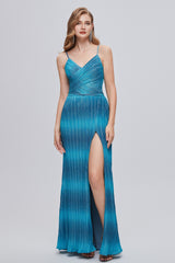 Mermaid Spaghetti strap Ankle Length Sleeveless Open Back Split Front Modest Prom Dress-Ballbella