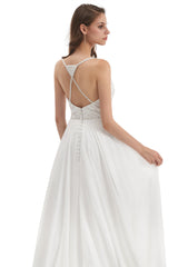 Mermaid Spaghetti strap Beading V-neck Floor-length Sleeveless Backless Wedding Dress-Ballbella