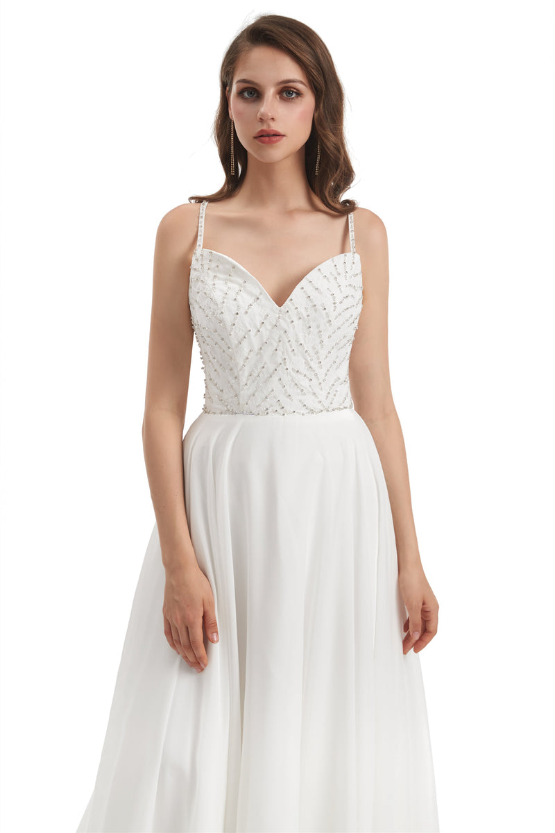 Mermaid Spaghetti strap Beading V-neck Floor-length Sleeveless Backless Wedding Dress-Ballbella