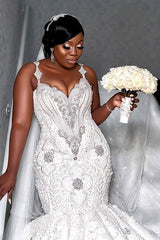 Mermaid Spaghetti Strap Floor Length Organza Beading Applique Wedding Dress-Ballbella