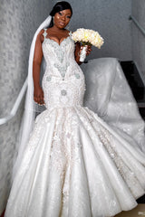 Mermaid Spaghetti Strap Floor Length Organza Beading Applique Wedding Dress-Ballbella