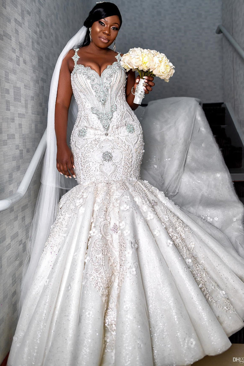 Mermaid Spaghetti Strap Floor Length Organza Beading Applique Wedding Dress-Ballbella