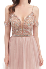 Mermaid Spaghetti strap Off-the-shoulder Beaded Lace Floor-length Sequined Prom Dress-Ballbella