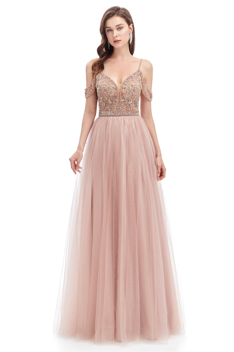 Mermaid Spaghetti strap Off-the-shoulder Beaded Lace Floor-length Sequined Prom Dress-Ballbella