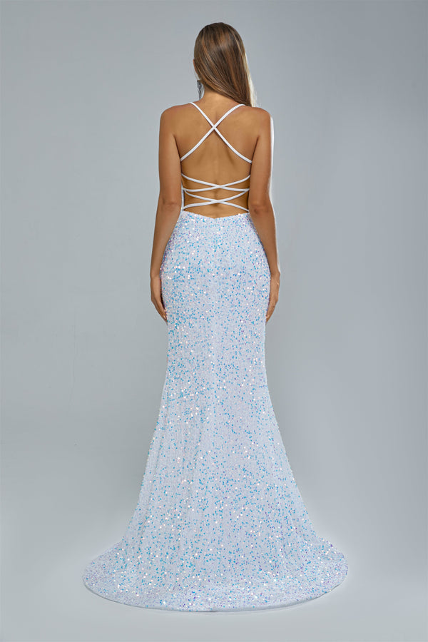 Mermaid Spaghetti strap Sequined Floor-length Sleeveless Backless High Split Elegant Prom Dress-Ballbella