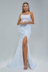 Mermaid Spaghetti strap Sequined Floor-length Sleeveless Backless High Split Elegant Prom Dress-Ballbella